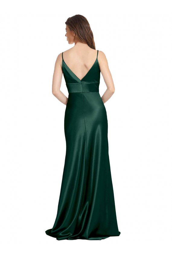 Cheap High V-Neck Long Full Length Sheath Stretch Satin Prom Dress UK