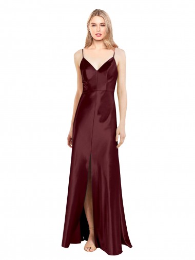 Cheap Sleek Spaghetti Straps V-Neck Stretch Satin Prom Dress with Center Front Slit UK
