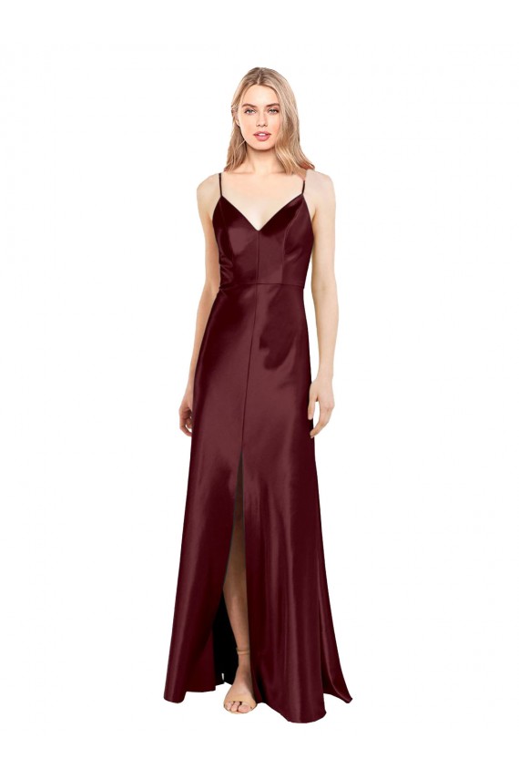 Cheap Sleek Spaghetti Straps V-Neck Stretch Satin Prom Dress with Center Front Slit UK