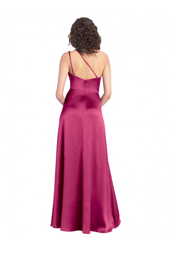 Cheap Sleek One Shoulder A-Line Long Stretch Satin Prom Dress with Spaghetti Straps Back UK
