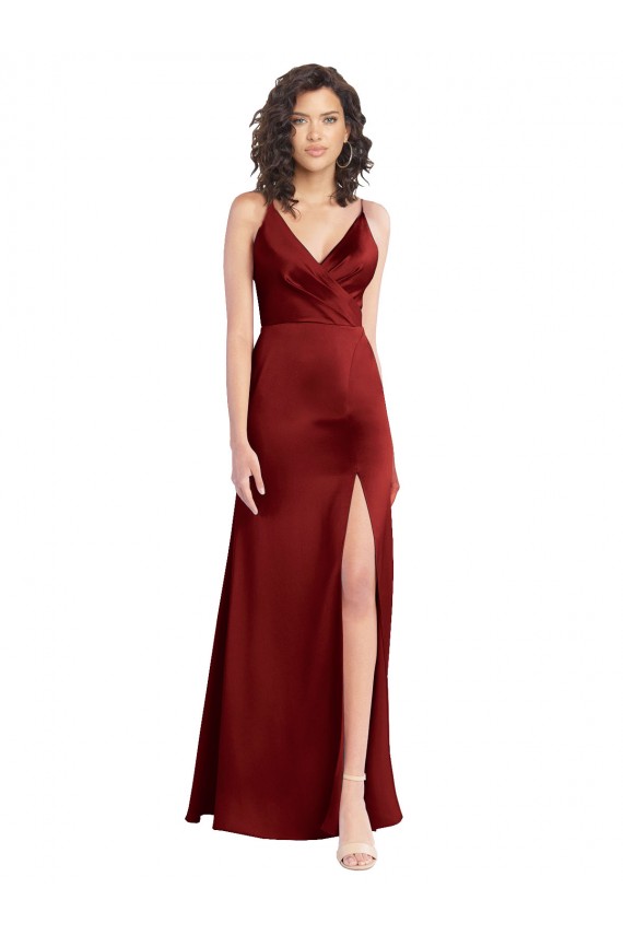 Cheap Faux Surplice Neckline Long Slim A-Line Stretch Satin Prom Dress UK