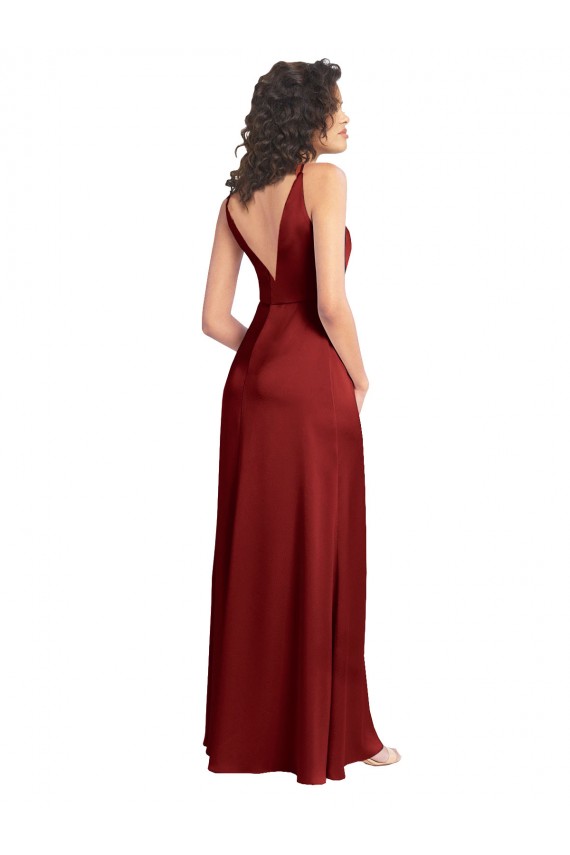 Cheap Faux Surplice Neckline Long Slim A-Line Stretch Satin Prom Dress UK