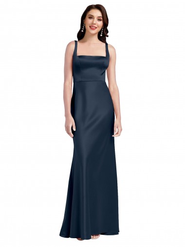 Cheap Square Neck A-Line Long Stretch Satin Prom Dress with Wide Straps UK