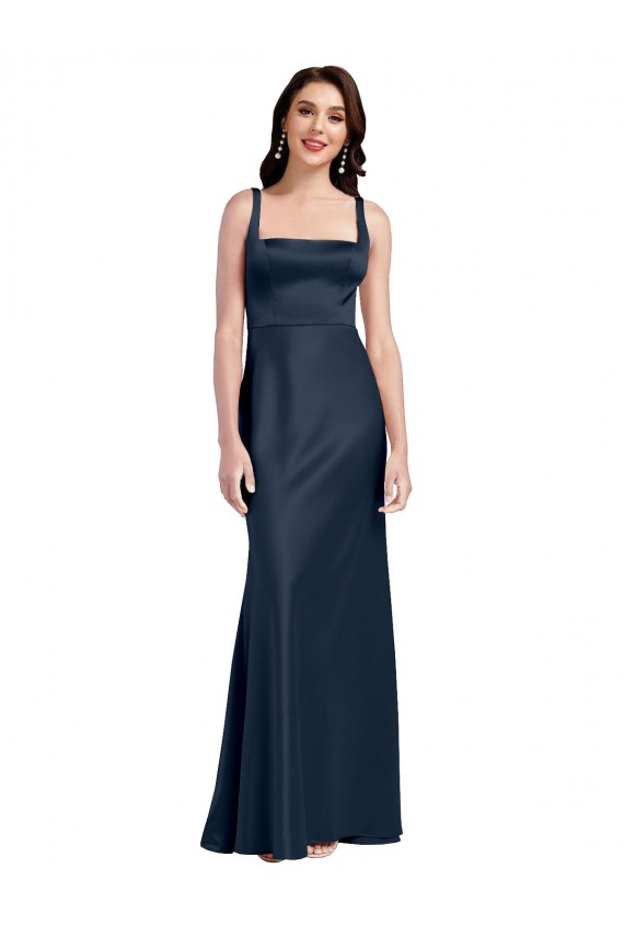 Cheap Square Neck A-Line Long Stretch Satin Prom Dress with Wide Straps UK
