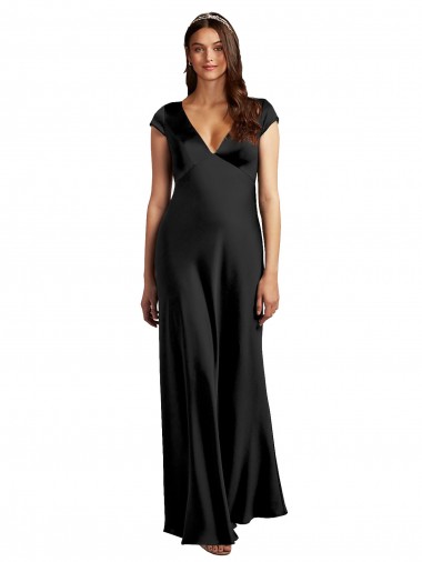 Cheap Plunging V-Neck Cap Cleeves Long Stretch Satin Prom Dress with Keyhole Back UK