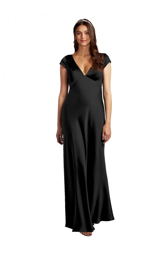 Cheap Plunging V-Neck Cap Cleeves Long Stretch Satin Prom Dress with Keyhole Back UK