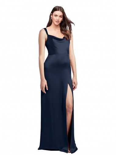 Cheap Cowl Neck Soft Long Stretch Satin Prom Dress with Side Slit and Pleated Straps UK