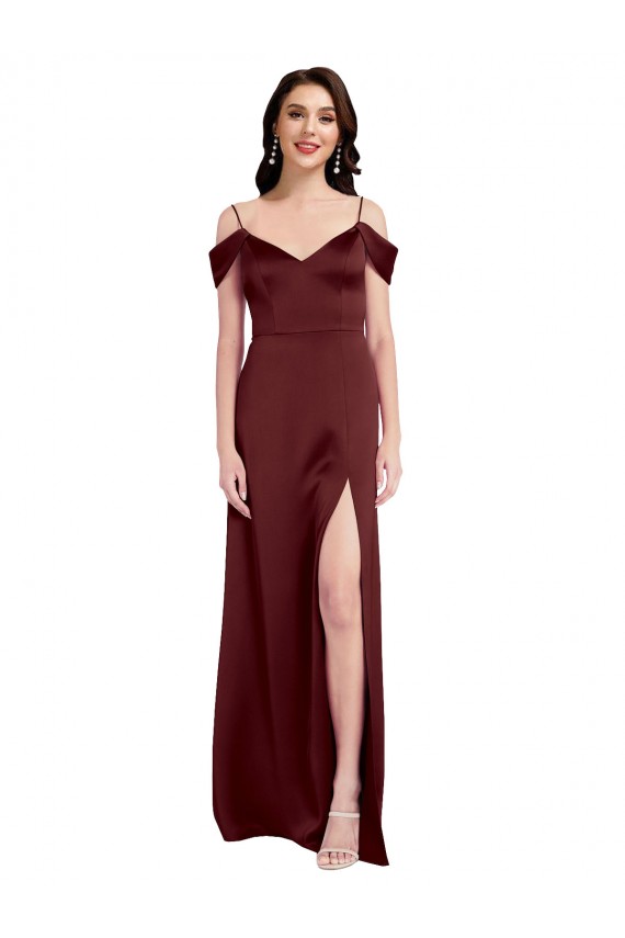 Cheap Draped Off the Shoulder Sleeves Slim A-Line Stretch Satin Prom Dress with Side Slit UK