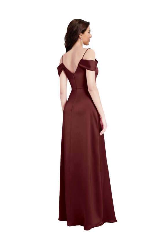 Cheap Draped Off the Shoulder Sleeves Slim A-Line Stretch Satin Prom Dress with Side Slit UK