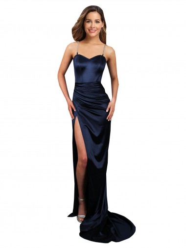 Cheap Pleated Sash Skirt Long Stretch Satin Prom Dress with High Slit UK