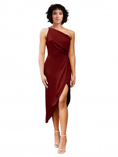 Cheap One Shoulder Midi Length Short Stretch Satin Wrap Style Cocktail Prom Dress / Homecoming Dress UK
