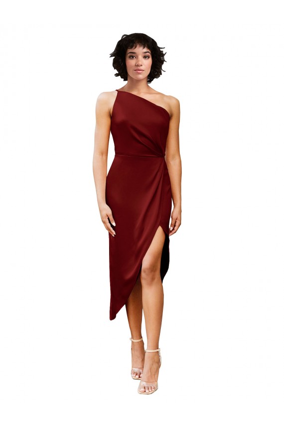 Cheap One Shoulder Midi Length Short Stretch Satin Wrap Style Cocktail Prom Dress / Homecoming Dress UK