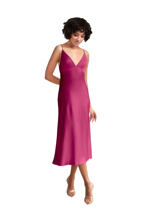 Cheap Midi Length V-Neck Short Stretch Satin Cocktail Prom Dress / Homecoming Dress with Low Scoop Back UK