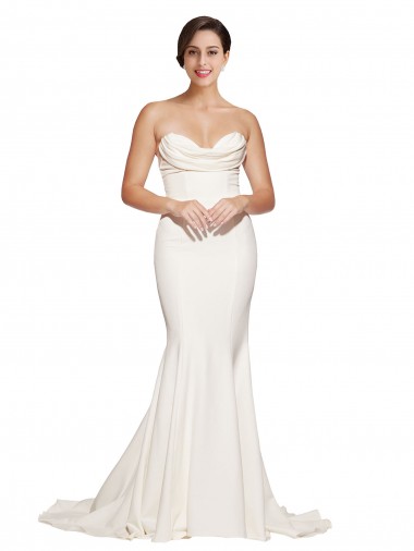 Cheap Strapless Cowl Neck Sweep Train Stretch Satin Prom Dress UK