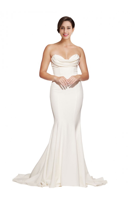 Cheap Strapless Cowl Neck Sweep Train Stretch Satin Prom Dress UK