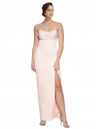 Cheap Cowl Neck Strapless Stretch Satin Prom Dress with High Split UK