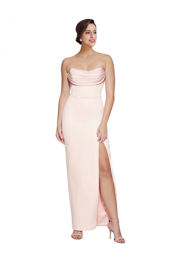 Cheap Cowl Neck Strapless Stretch Satin Prom Dress with High Split UK