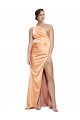 Cheap One Shoulder Ruched Stretch Satin Prom Dress with Thigh High Split UK