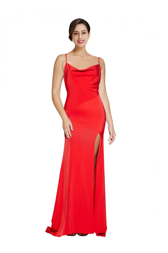Cheap Low Back Cowl Neck Stretch Satin Prom Dress with High Side Slit UK