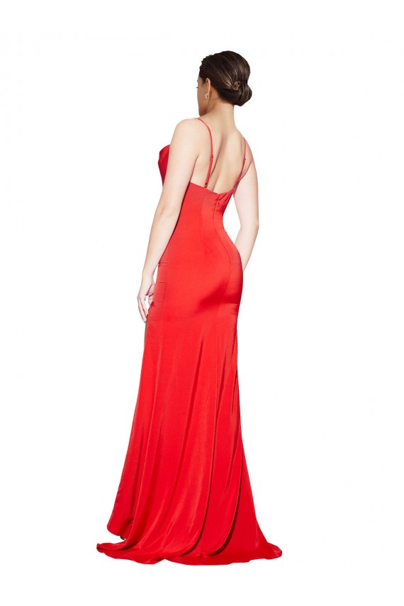 Cheap Low Back Cowl Neck Stretch Satin Prom Dress with High Side Slit UK