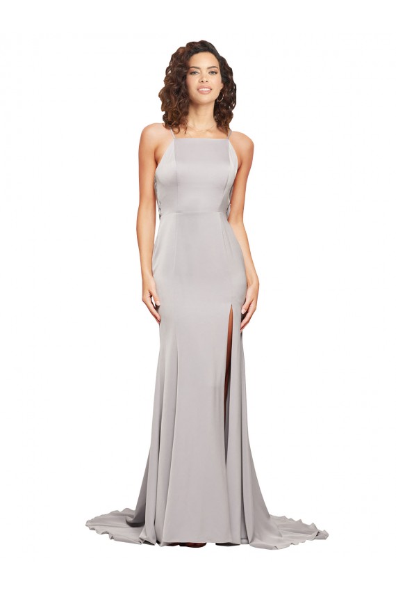 Cheap High Neck Low Back Long Full Length Stretch Satin Prom Dress UK