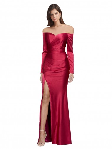 Cheap Long Sleeves Off the Shoulder Stretch Satin Prom Dress with High Side Split UK