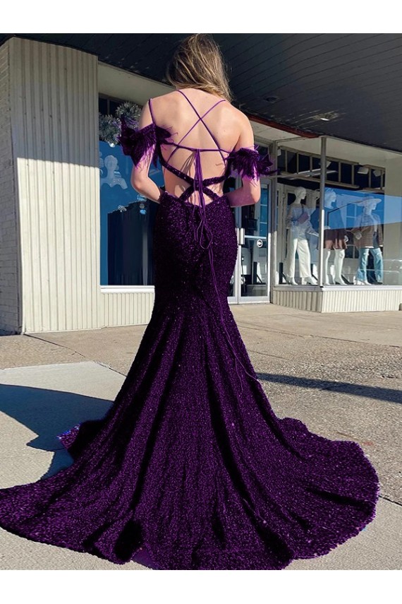 Cheap Cold Shoulder Sleeveless Long Court Train Velvet Sequin Prom Dress UK