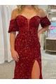 Cheap Off the Shoulder Short Sleeves Long Floor Length Velvet Sequin Prom Dress with High Slit UK