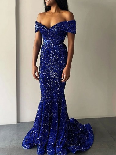 Cheap Mermaid Off the Shoulder Sleeveless Long Sweep Train Velvet Sequin Prom Dress UK