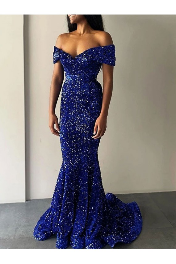 Cheap Mermaid Off the Shoulder Sleeveless Long Sweep Train Velvet Sequin Prom Dress UK