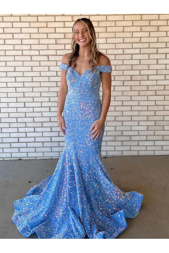 Cheap Mermaid Off the Shoulder Sleeveless Long Floor Length Velvet Sequin Prom Dress UK