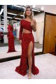 Cheap Mermaid One Shoulder Long Sleeves Long Sweep Train Velvet Sequin Prom Dress with High Slit UK