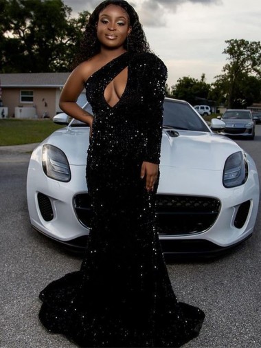Cheap One Shoulder Long Sleeves Long Sweep Train Velvet Sequin Prom Dress UK