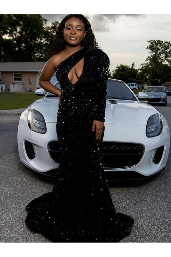 Cheap One Shoulder Long Sleeves Long Sweep Train Velvet Sequin Prom Dress UK