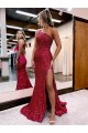 Cheap Mermaid One Shoulder Sleeveless Long Sweep Train Velvet Sequin Prom Dress with High Slit UK