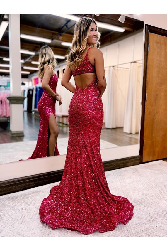 Cheap Mermaid One Shoulder Sleeveless Long Sweep Train Velvet Sequin Prom Dress with High Slit UK