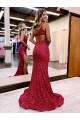 Cheap Mermaid One Shoulder Sleeveless Long Sweep Train Velvet Sequin Prom Dress with High Slit UK