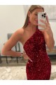 Cheap Open Back One Shoulder Sleeveless Long Sweep Train Velvet Sequin Prom Dress UK