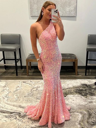 Cheap Open Back One Shoulder Sleeveless Long Sweep Train Velvet Sequin Prom Dress UK