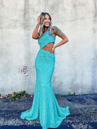 Cheap Mermaid One Shoulder Sleeveless Long Sweep Train Velvet Sequin Prom Dress UK