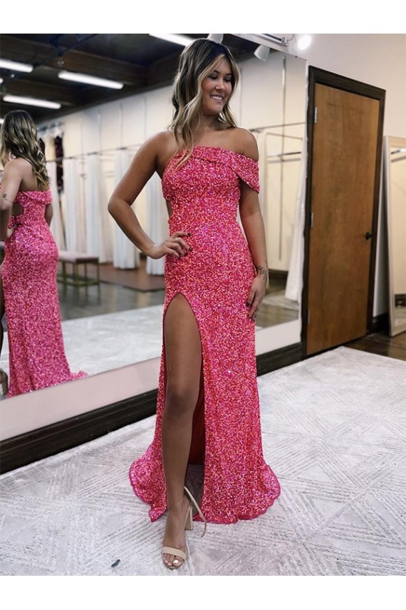 Cheap One Shoulder Sleeveless Long Sweep Train Velvet Sequin Prom Dress with Side Slit UK