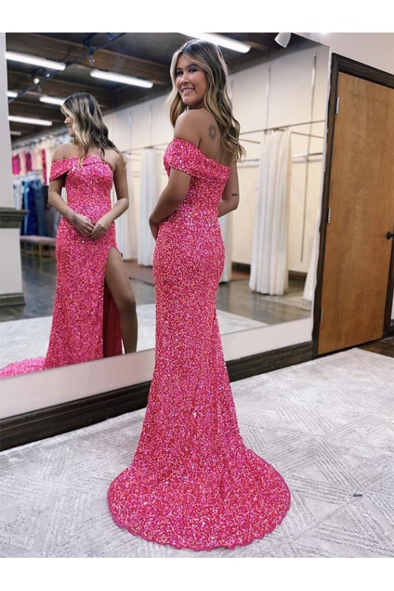 Cheap One Shoulder Sleeveless Long Sweep Train Velvet Sequin Prom Dress with Side Slit UK