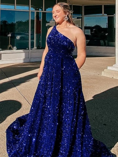 Cheap A-Line One Shoulder Sleeveless Long Sweep Train Velvet Sequin Prom Dress with Pockets UK
