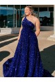Cheap A-Line One Shoulder Sleeveless Long Sweep Train Velvet Sequin Prom Dress with Pockets UK