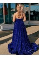 Cheap A-Line One Shoulder Sleeveless Long Sweep Train Velvet Sequin Prom Dress with Pockets UK