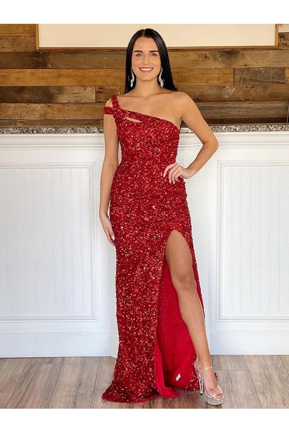 Cheap One Shoulder Sleeveless Long Sweep Train Velvet Sequin Prom Dress UK
