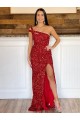 Cheap One Shoulder Sleeveless Long Sweep Train Velvet Sequin Prom Dress UK