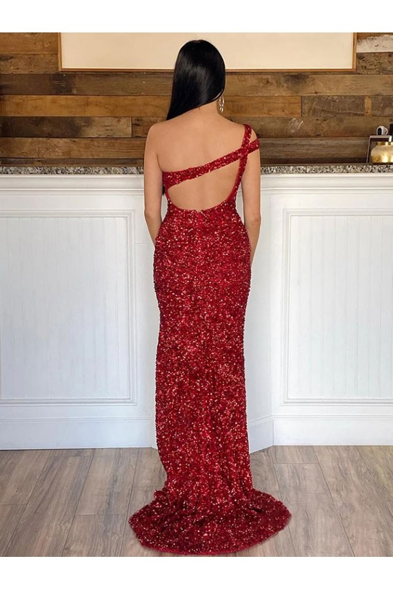 Cheap One Shoulder Sleeveless Long Sweep Train Velvet Sequin Prom Dress UK