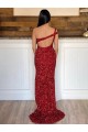 Cheap One Shoulder Sleeveless Long Sweep Train Velvet Sequin Prom Dress UK