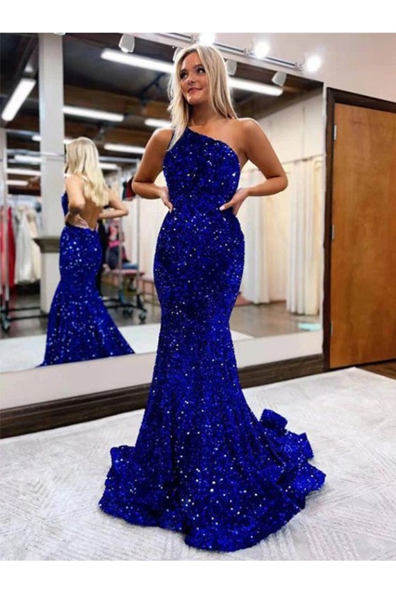 Cheap Mermaid One Shoulder Open Back Long Sweep Train Velvet Sequin Prom Dress UK